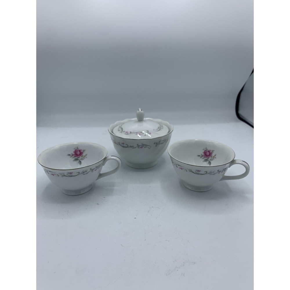 Vintage Royal Swirl Fine China Rose Floral ‎ Sugar  Bowl Dish & Two Tea Cups.